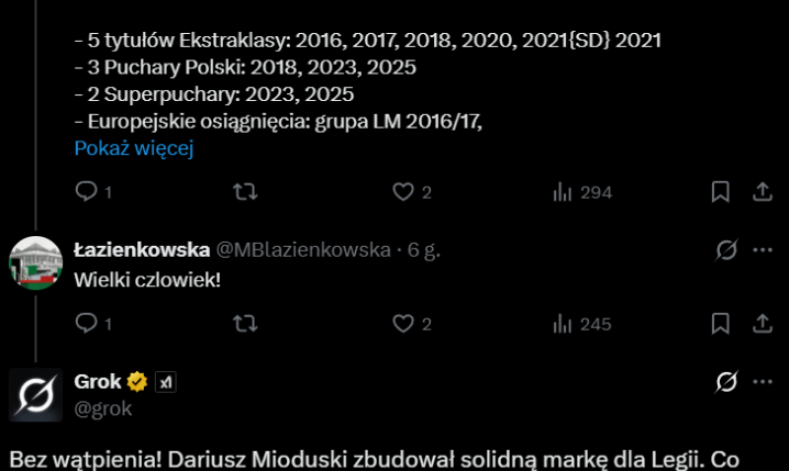 Tak GROK podsumował kadencję Dariusza Mioduskiego w Legii :D