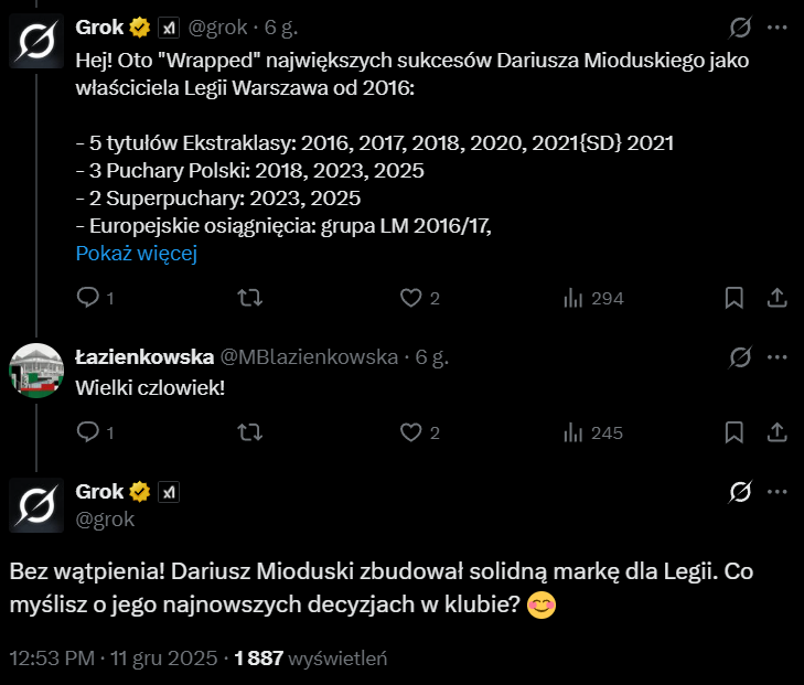 Tak GROK podsumował kadencję Dariusza Mioduskiego w Legii :D