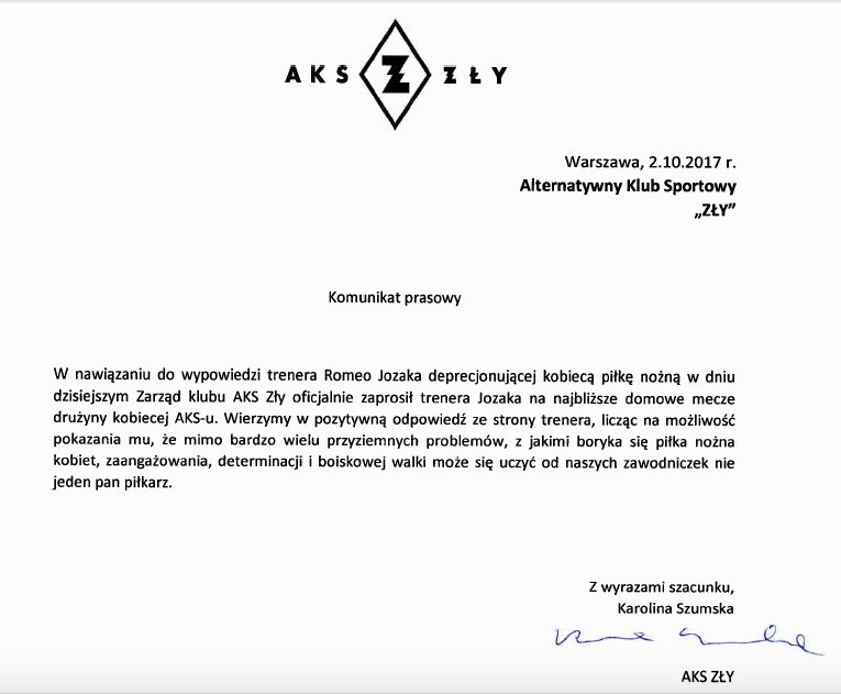 Żeński klub zareagował na słowa Jozaka