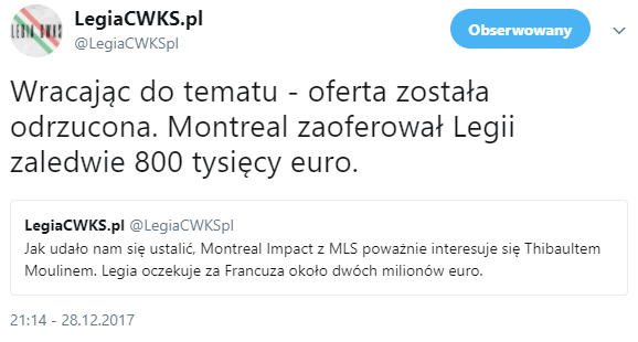 Wiadomo ile Montreal Impact oferował Legii za Moulina xD