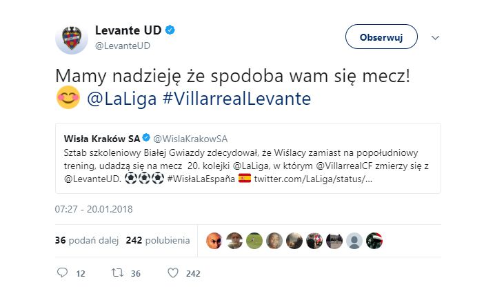 Levante odpowiedziało po polsku na Tweeta Wisły Kraków!