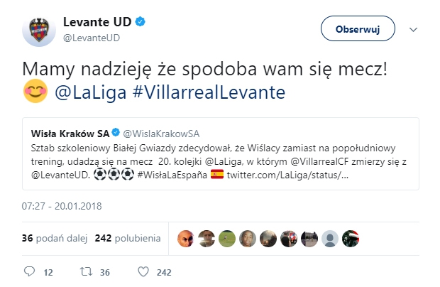 Levante odpowiedziało po polsku na Tweeta Wisły Kraków!