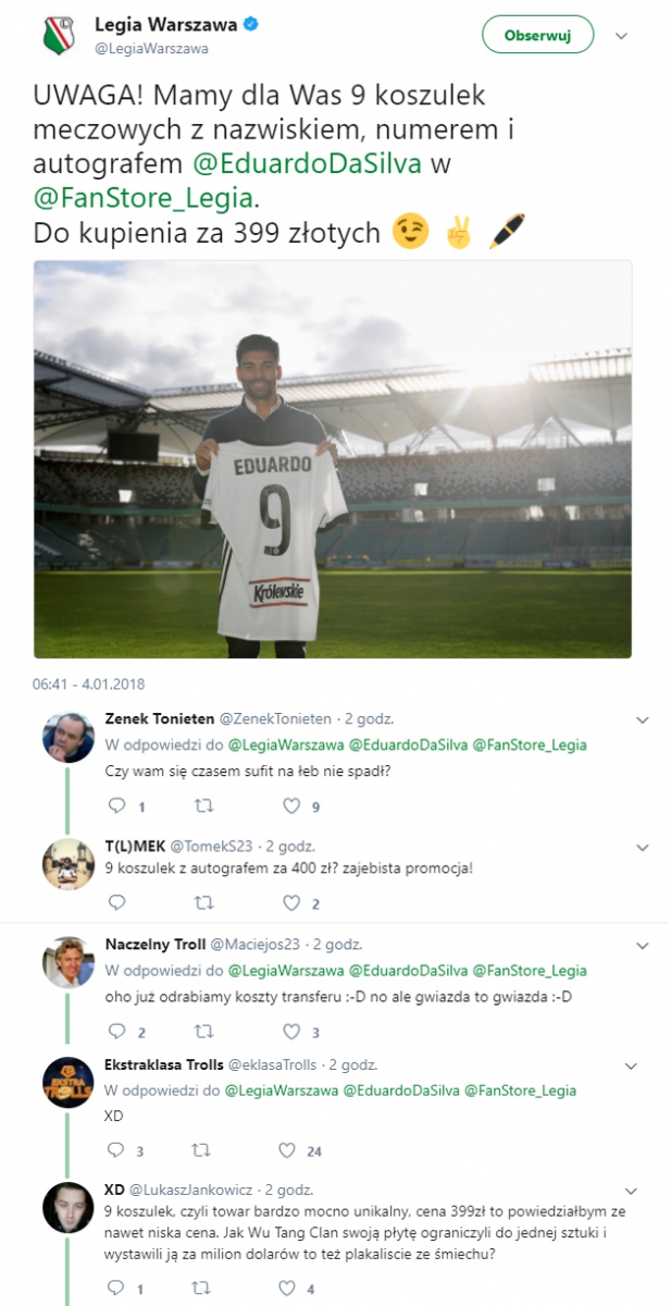 Legia wystawiła na sprzedaż koszulki z autografem Eduardo...