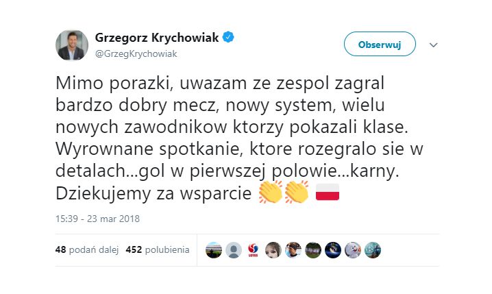 Wpis Krychowiaka po przegranym meczu