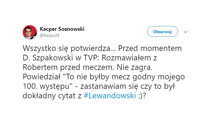 To dlatego Lewandowski nie zagrał z Irlandią?