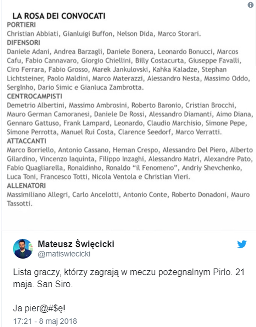 Lista graczy, którzy wystąpią w meczu pożegnalnym Pirlo... WOW!