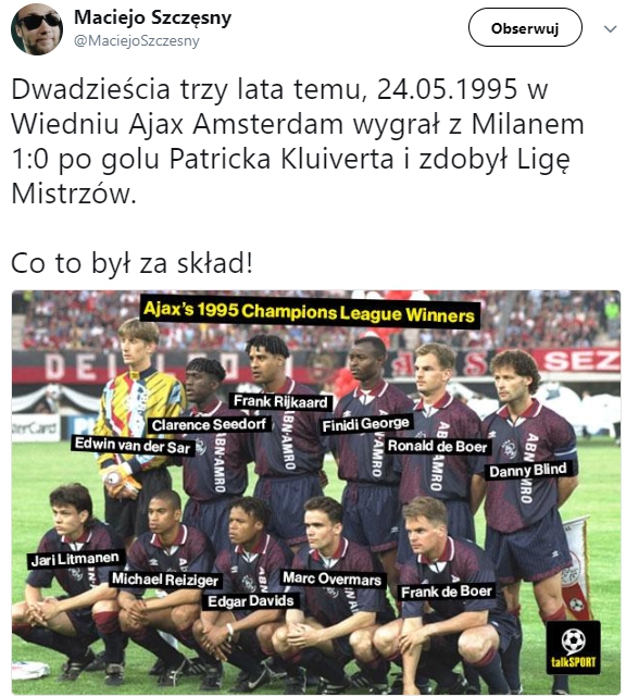 Skład Ajaxu z 1995 roku, który wygrał LM... WOW!