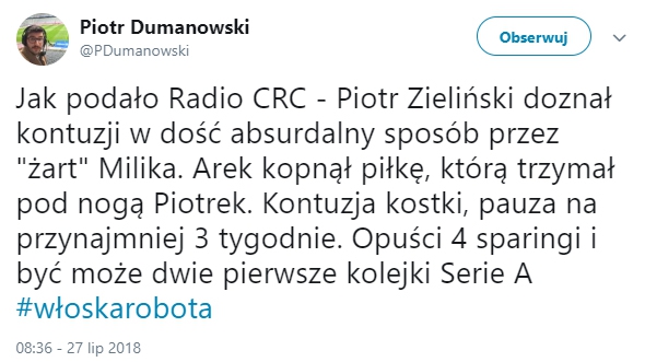 Absurdalne okoliczności urazu Zielińskiego?!