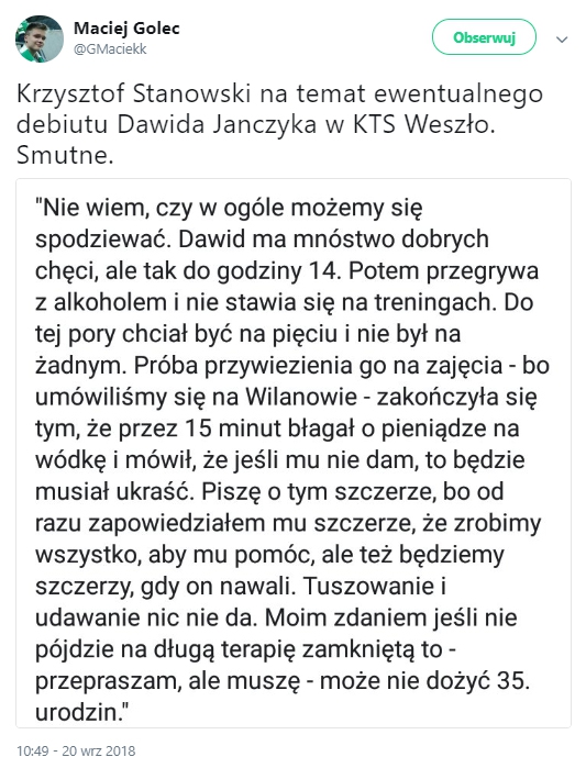 Z Dawidem Janczykiem jest coraz gorzej...