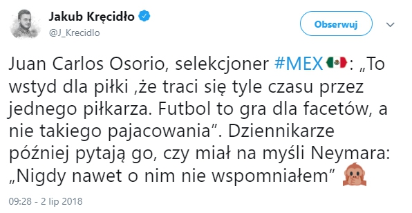 Trener Meksyku ostro o zachowaniu ''jednego piłkarza''