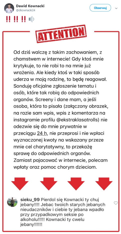 WIADOMOŚĆ Dawida Kownackiego do hejterów