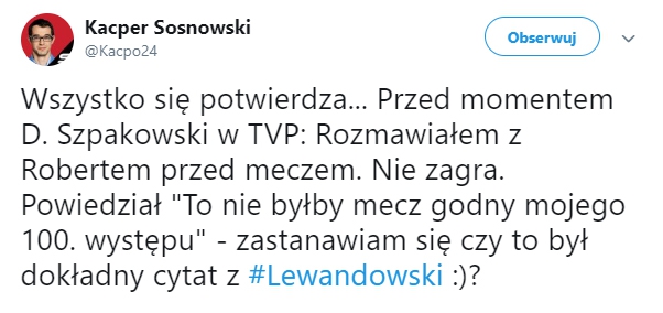 To dlatego Lewandowski nie zagrał z Irlandią?