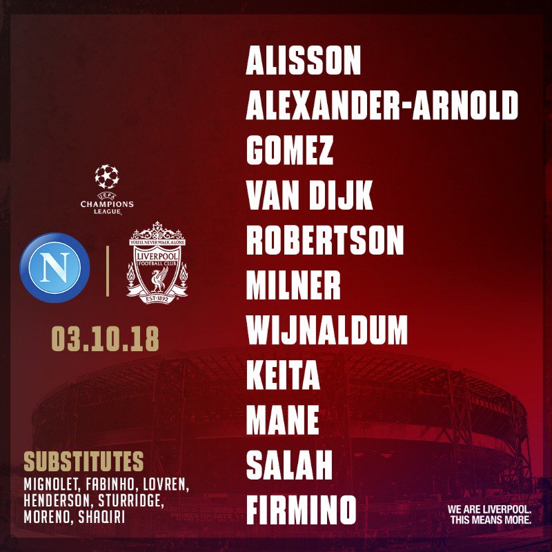 Skład Liverpoolu na mecz z Napoli!