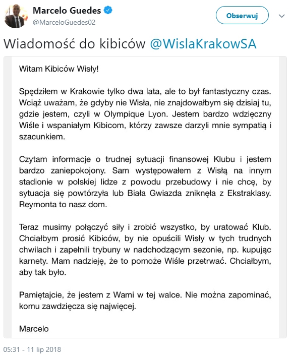 Wiadomość Marcelo do kibiców Wisły Kraków