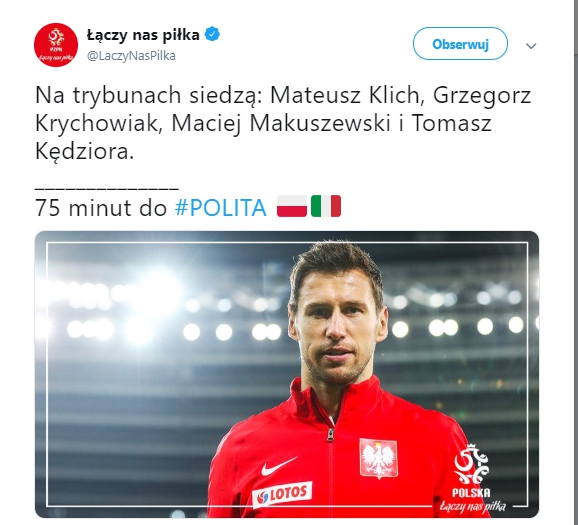 Dziś z trybun mecz obejrzą: Klich, Krychowiak, Makuszewski, Kędziora