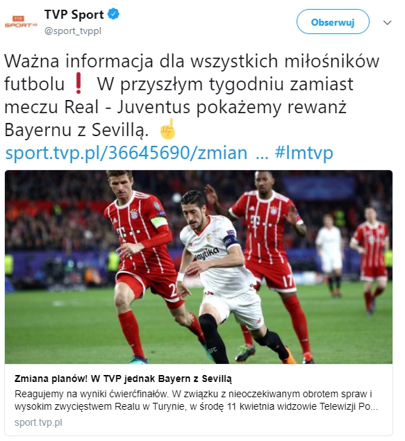 TVP zmienia plany ws. środowego meczu LM!