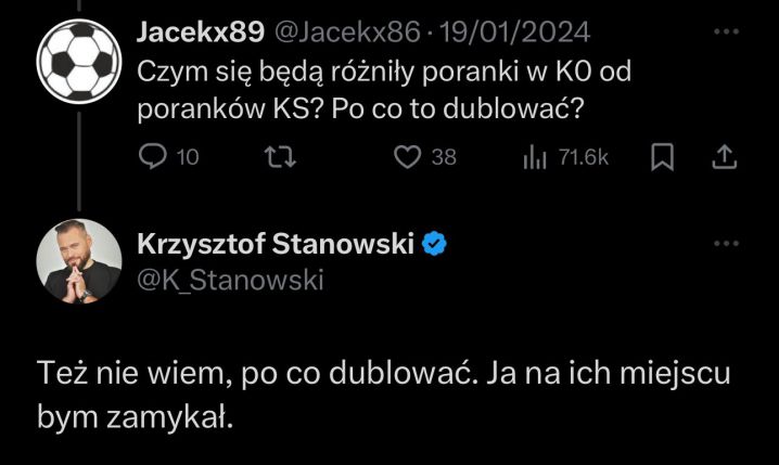 TWEET Krzysztofa Stanowskiego nt. PORANKÓW w KS i KO xD