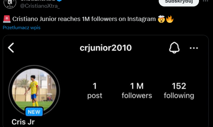 Tylu FOLLOWERSÓW na swoim IG ma Cristiano Ronaldo Junior xD