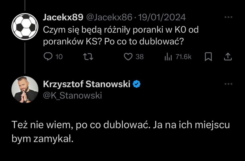 TWEET Krzysztofa Stanowskiego nt. PORANKÓW w KS i KO xD