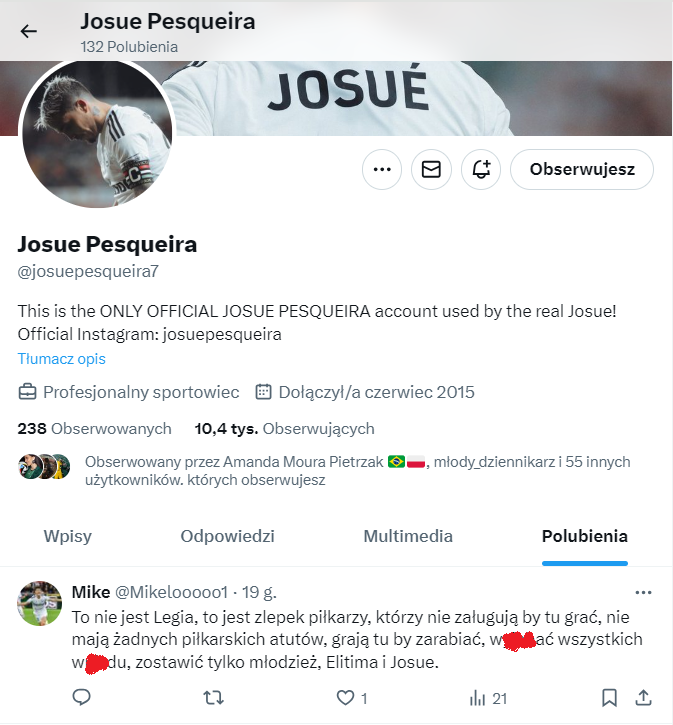 Takiego TWEETA POLUBIŁ Josue!