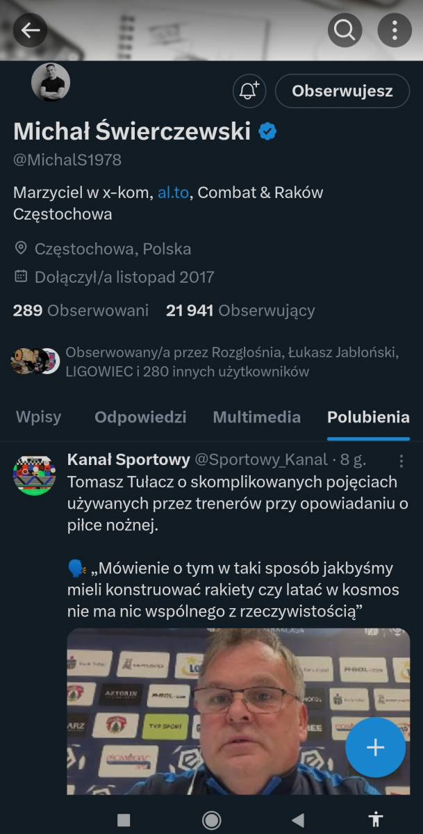 Taki wpis nt. trenerów POLUBIŁ właściciel Rakowa Częstochowa xD