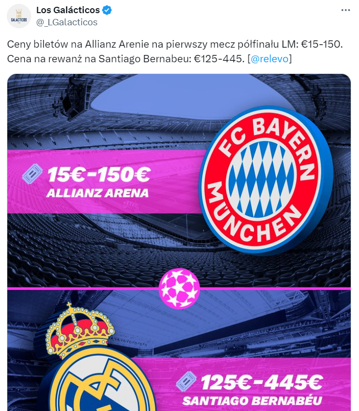 OGROMNE CENY biletów na rewanż Real - Bayern na Santiago Bernabeu O.o