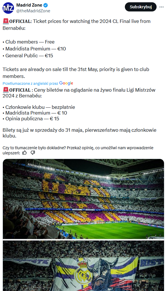 CENY BILETÓW na oglądanie finału LM na Santiago Bernabeu!