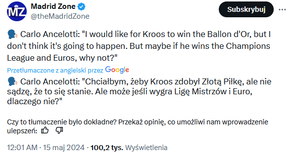 Carlo Ancelotti wskazał piłkarza, któremu ŻYCZY Złotej Piłki!