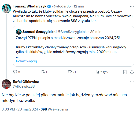 ODPOWIEDŹ Rafała Gikiewicza na wpisy dot. POZOSTAWIENIA przepisu o młodzieżowcu!