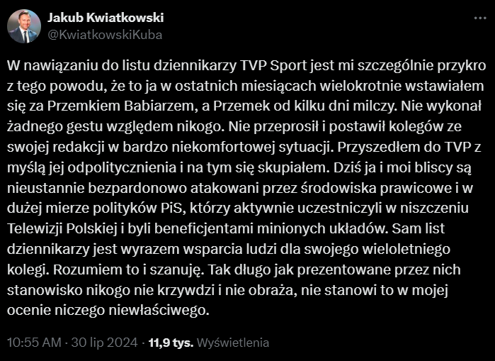 ODPOWIEDŹ dyrektora TVP Sport na list w OBRONIE Przemysława Babiarza O.o