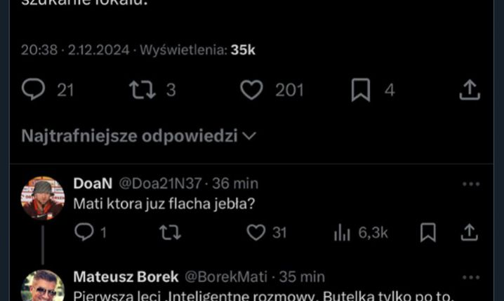 ''Alkoholowa'' rozmowa Mateusza Borka na Twitterze... xD