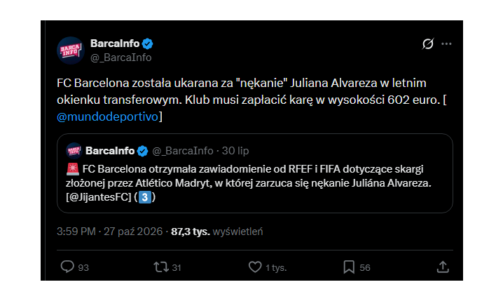 TAKĄ KARĘ dostała Barcelona za ''nękanie'' Juliana Alvareza XD