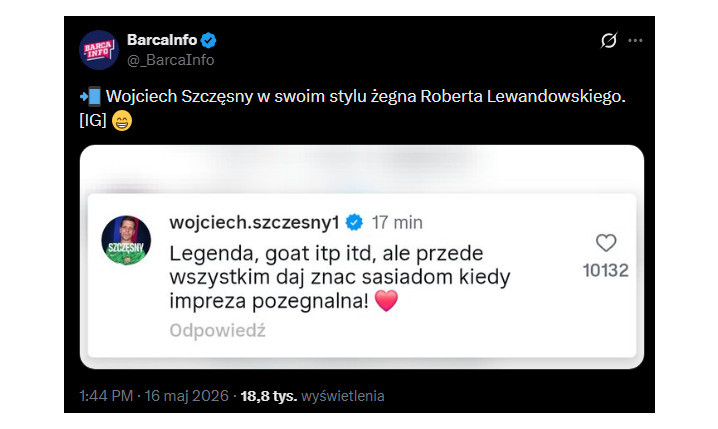 KOMENTARZ Wojtka Szczęsnego pod postem pożegnalnym Lewandowskiego xD