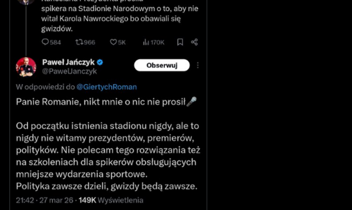 Spiker na PGE Narodowym WYJAŚNIA Romana Giertycha