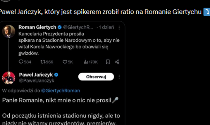 Spiker na PGE Narodowym WYJAŚNIA Romana Giertycha