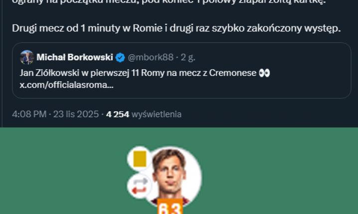 OCENA Jana Ziółkowskiego za debiut w wyjściowym składzie Romy w Serie A!