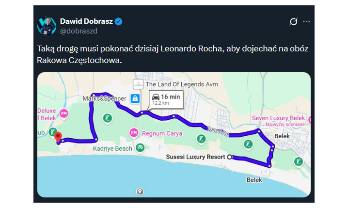 Taką drogę musi pokonać Rocha, żeby dotrzeć na obóz Rakowa Częstochowa... :D