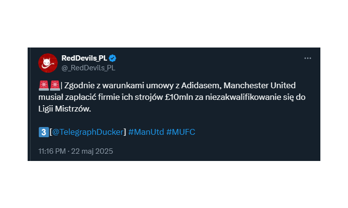 Man United musi zapłacić ODSZKODOWANIE sponsorowi za niezakwalifikowanie się do LM!