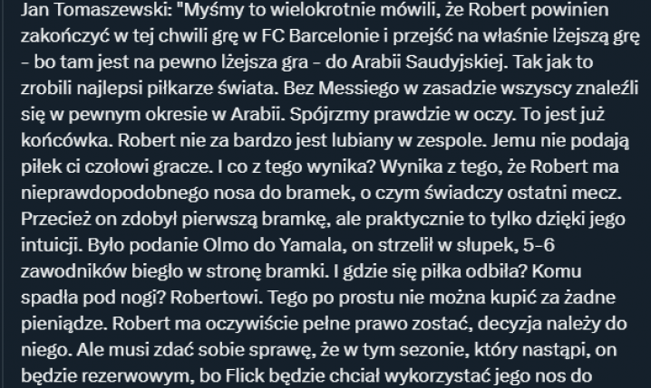 ABSURDALNE słowa Jana Tomaszewskiego nt. Lewandowskiego w Barcelonie...