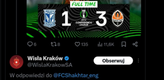 TWEET Wisły Kraków po wygranej Szachtara z Lechem Poznań....