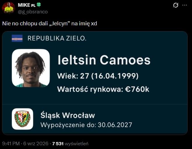 Tak na IMIĘ ma piłkarz Śląska Wrocław z Republiki Zielonego Przylądka :D