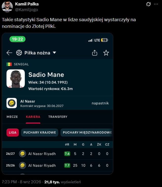 HIT! Sadio Mane z TAKIMI STATYSTYKAMI z ligi saudyjskiej dostał nominację do Złotej Piłki xD