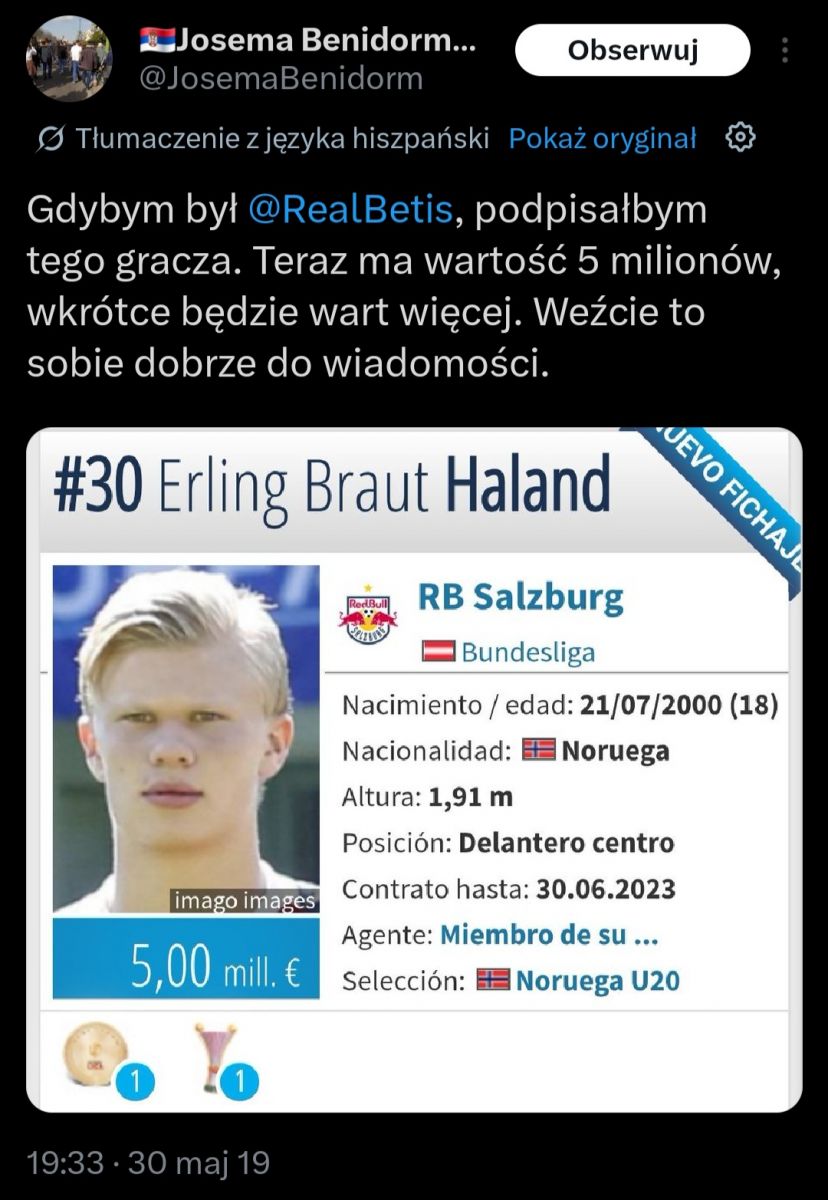 WPIS KIBICA Realu Betis nt. Erlinga Haalanda z 2019 roku XD