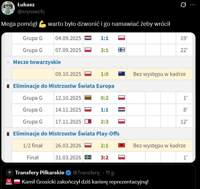 Oto WYSTĘPY i MINUTY Kamila Grosickiego między jednym końcem kariery w kadrze, a drugim xD