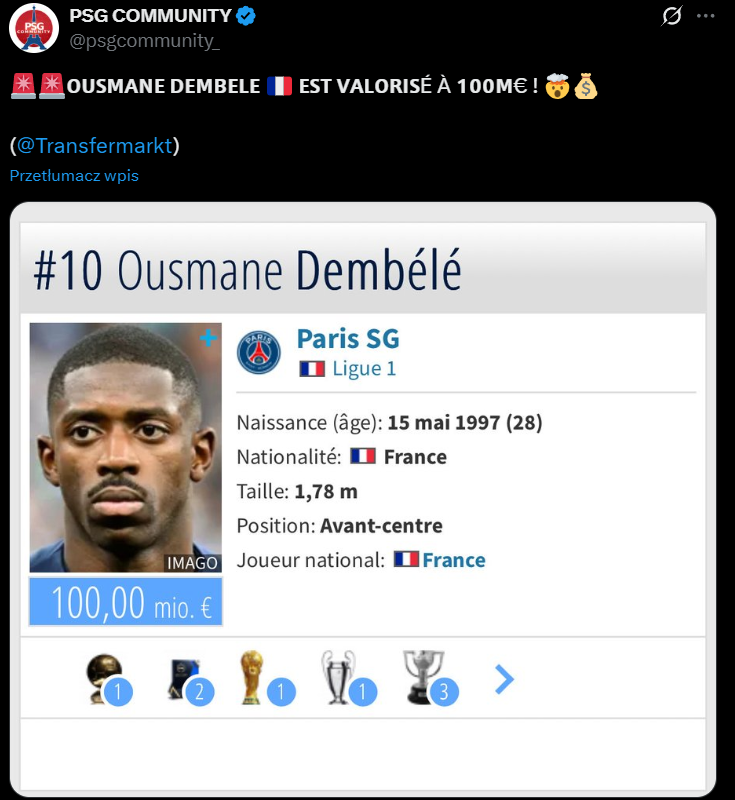 Tyle teraz wynosi WARTOŚĆ RYNKOWA Ousmane'a Dembele na Transfermarkt!