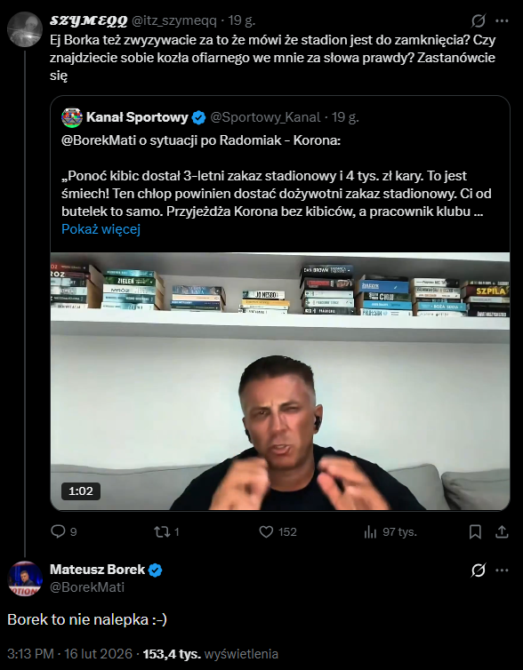 ODPOWIEDŹ Mateusza Borka na tweeta kibica, który zwrócił się do niego po nazwisku :D