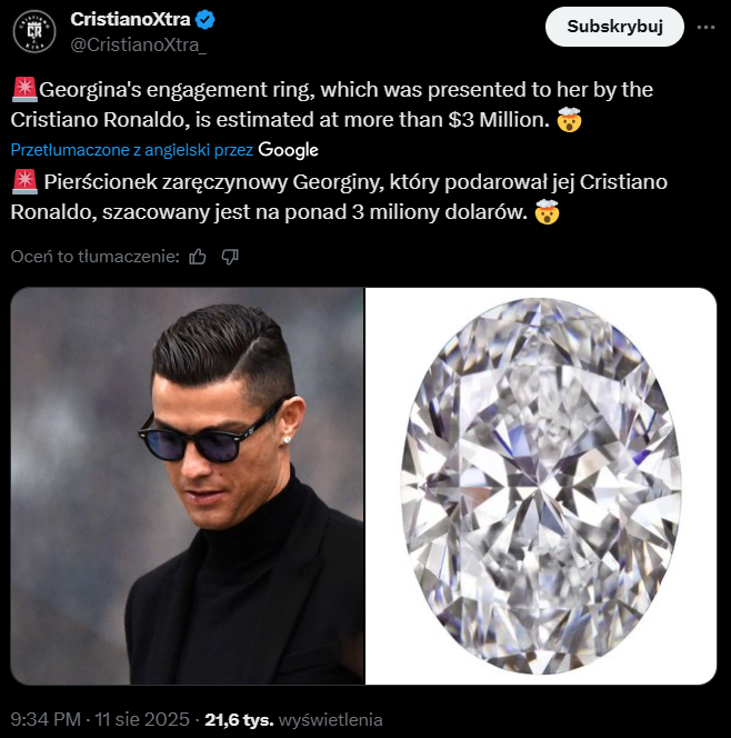 Tyle KOSZTOWAŁ pierścionek zaręczynowy, który kupił CR7 :D