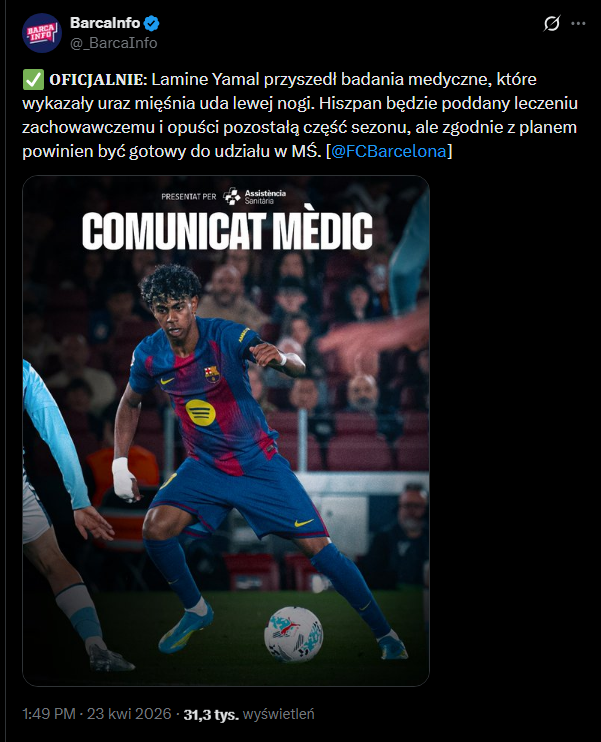 OFICJALNY komunikat Barcelony ws. kontuzji Yamala! ZŁE WIEŚCI!