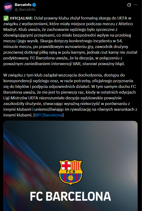 OFICJALNIE! Barcelona złożyła skargę na sędziego i VAR!