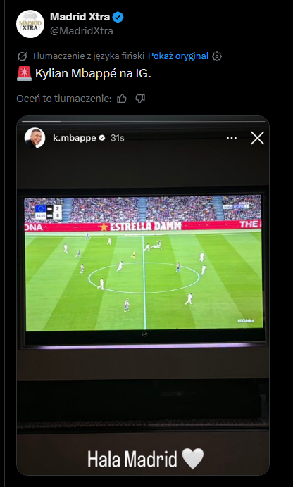 WIADOMOŚĆ Kyliana Mbappe na IG podczas El Clasico
